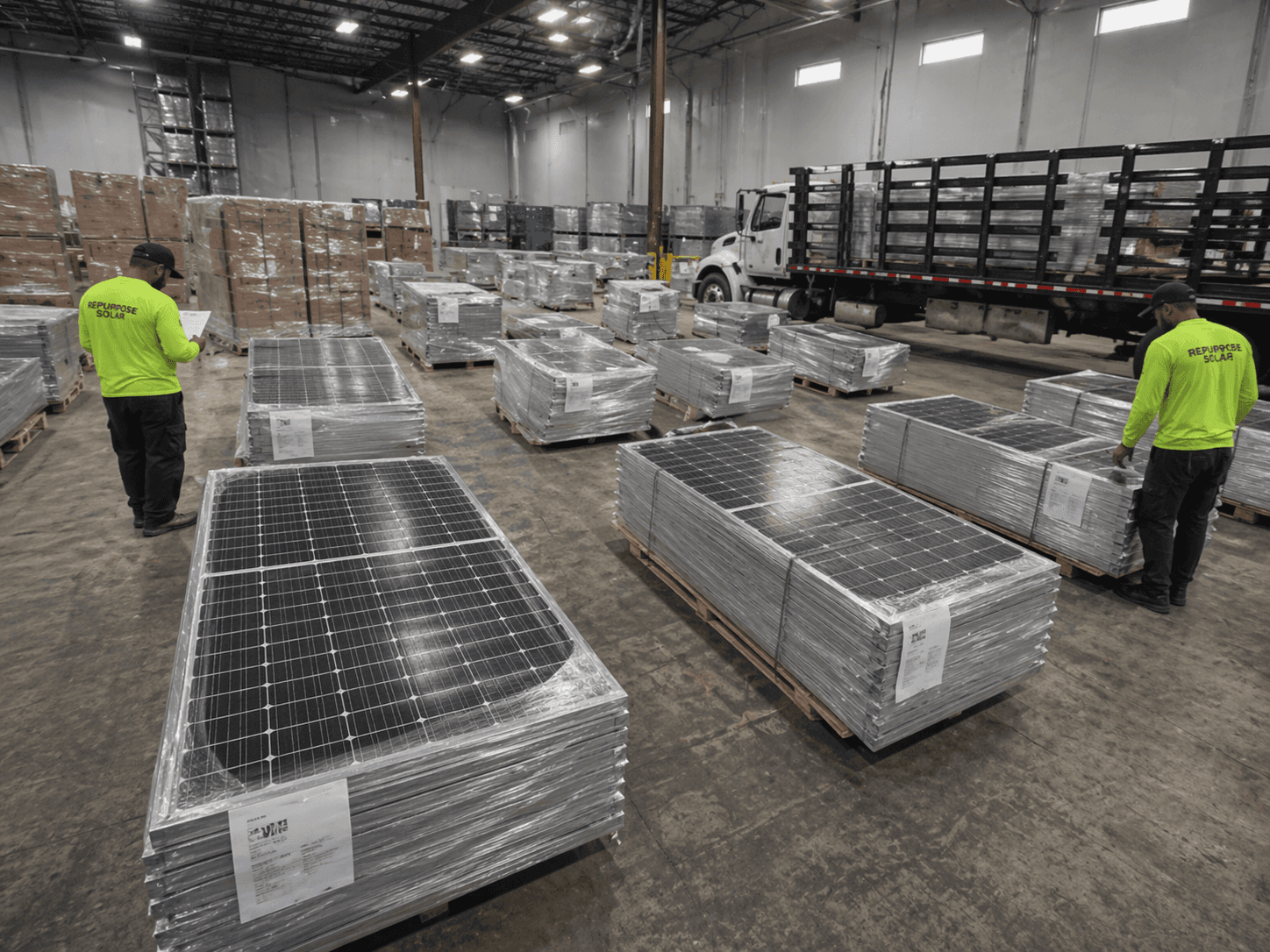 Repurpose Solar team inventorying pallets of solar panels inside a warehouse, flatbed truck visible in background